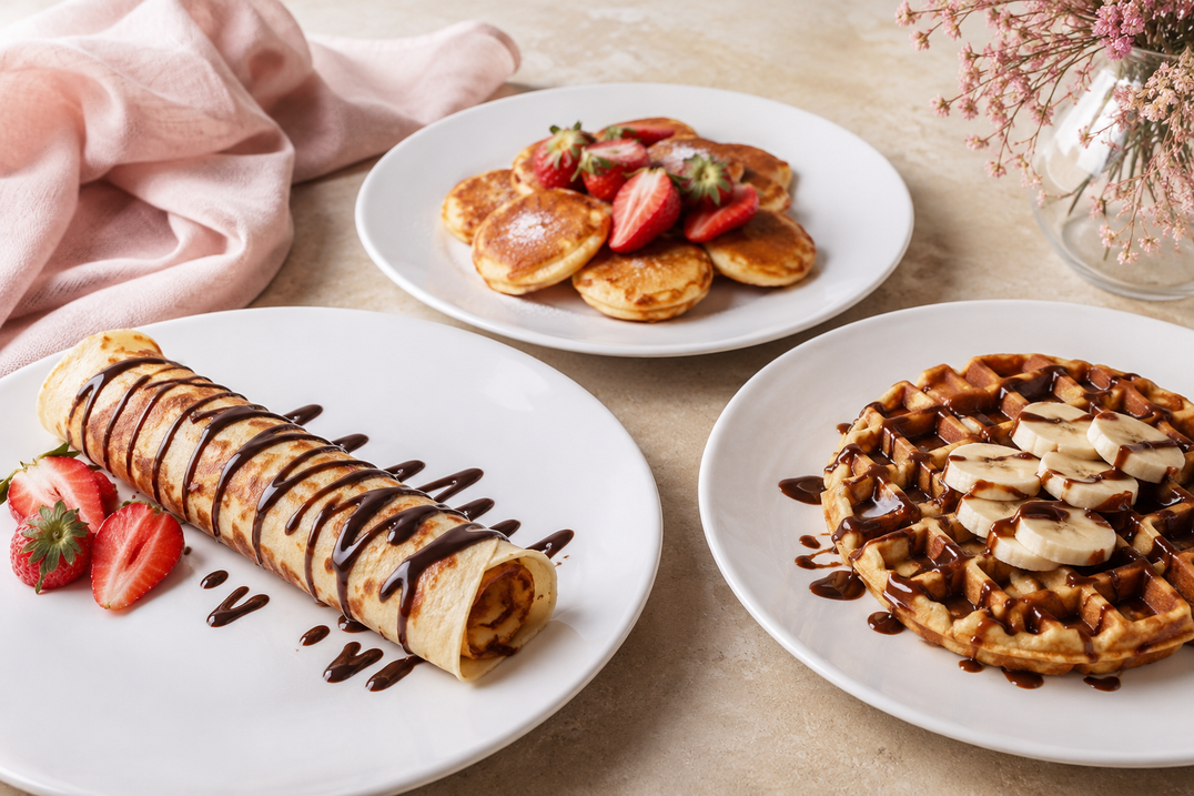 Fotografía real de crepas, waffles y mini panquequitos